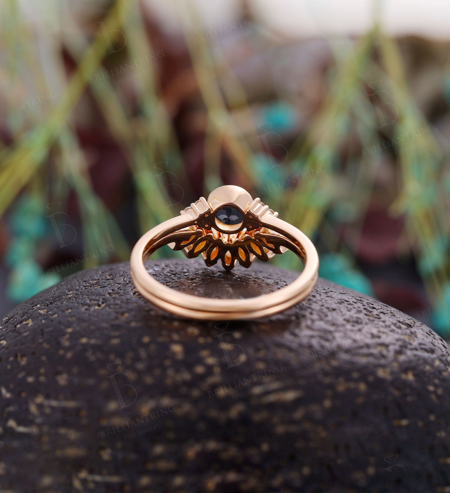 Black Onyx engagement ring for ,Marquise cut opal wedding band,Vintage rose gold wedding ring,Art deco Jewelry Anniversary wedding ring