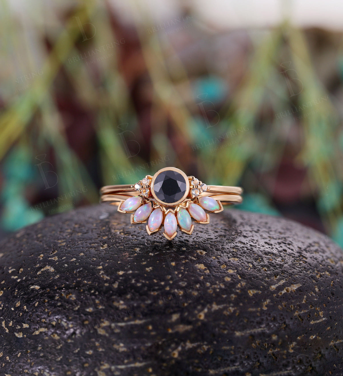 Black Onyx engagement ring for ,Marquise cut opal wedding band,Vintage rose gold wedding ring,Art deco Jewelry Anniversary wedding ring
