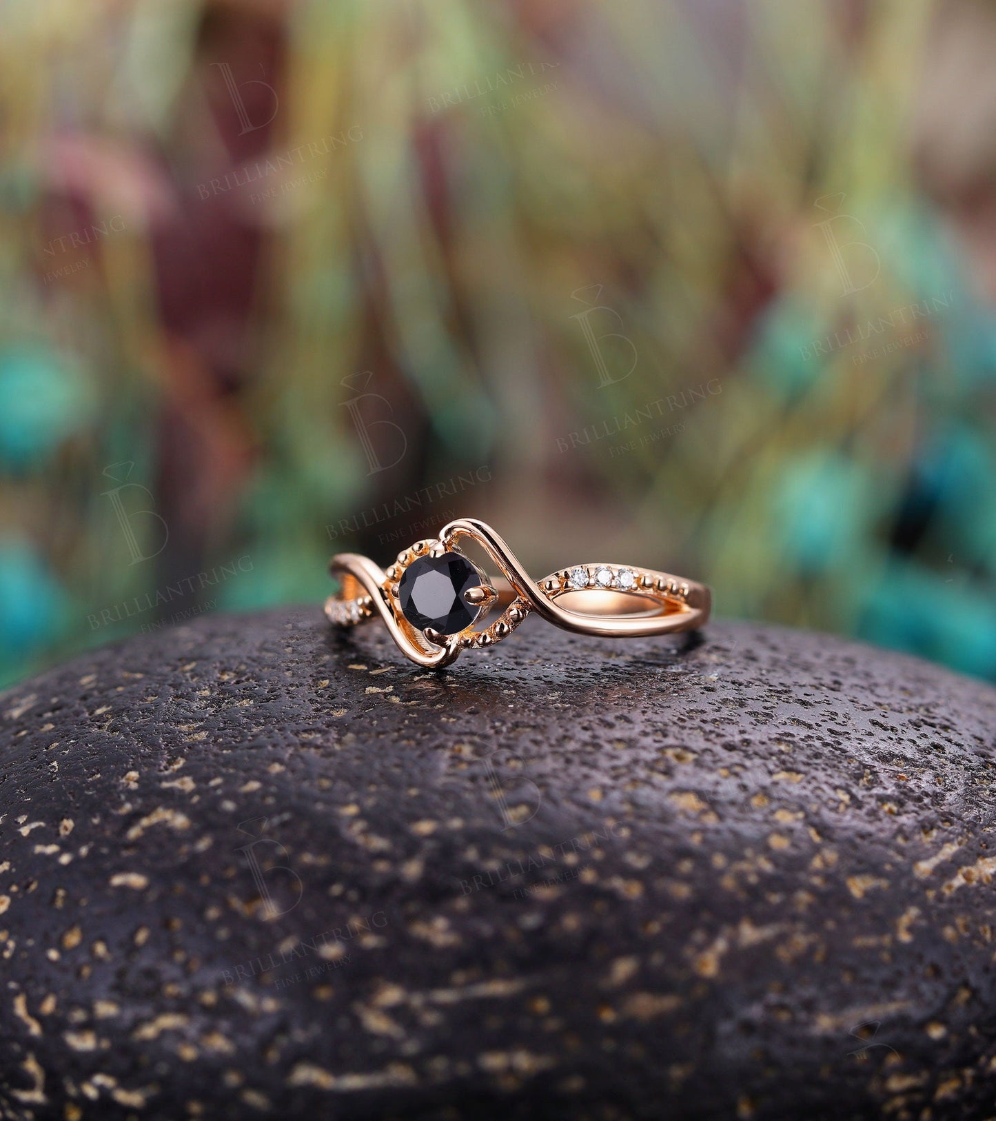 Black Onyx engagement ring Vintage rose gold diamond Unique wedding ring for  Art deco Jewelry birthstone Anniversary wedding ring