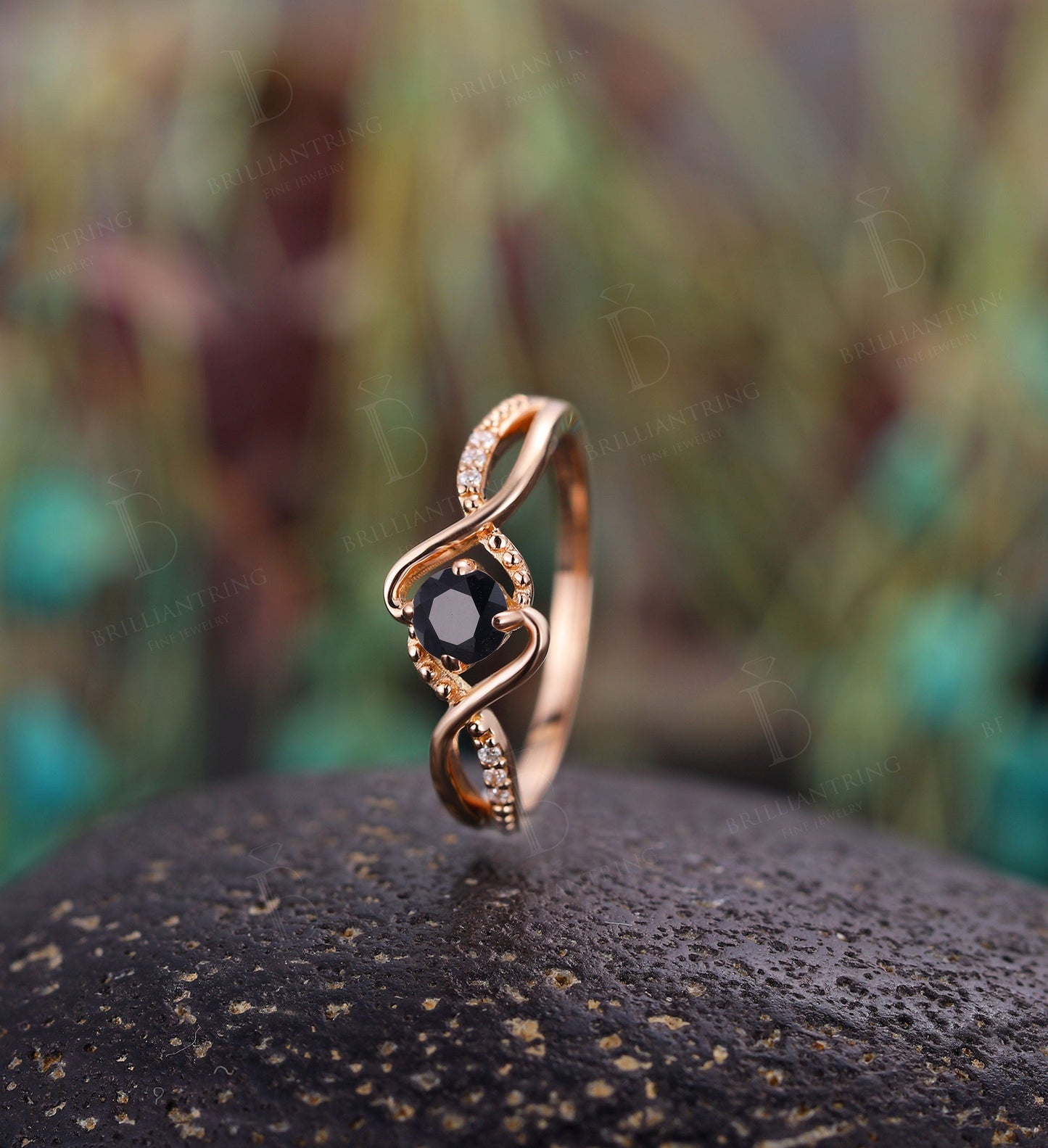 Black Onyx engagement ring Vintage rose gold diamond Unique wedding ring for  Art deco Jewelry birthstone Anniversary wedding ring