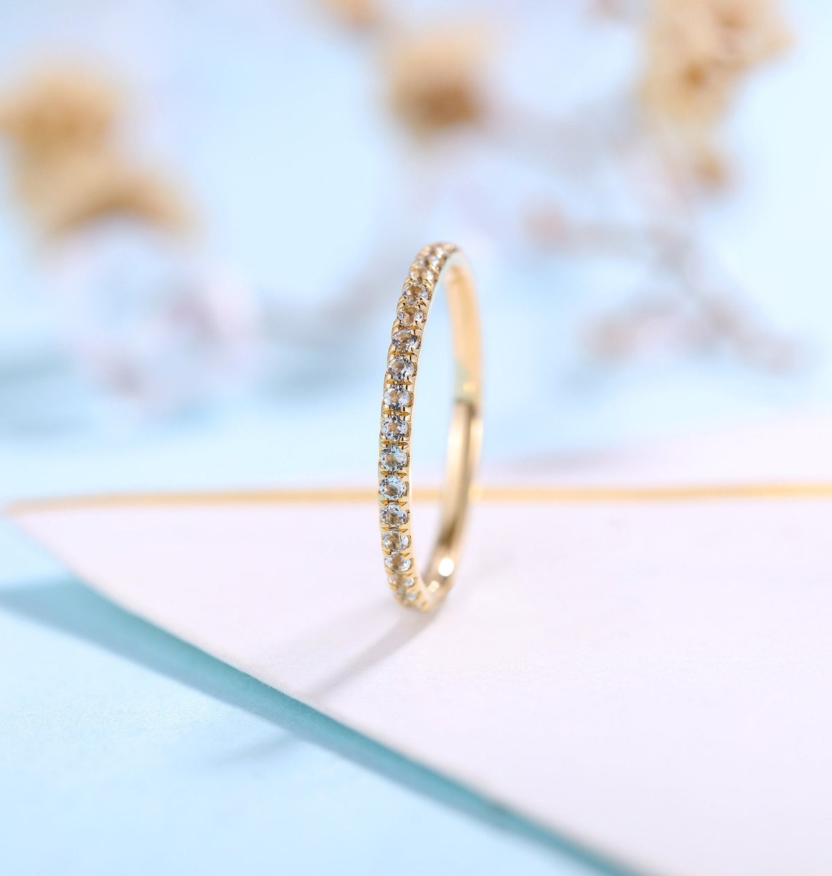 Vintage Aquamarine Wedding Band | Art deco eternity Band stacking Rose gold Band | Unique ring matching Band Bridal ring | Anniversary ring