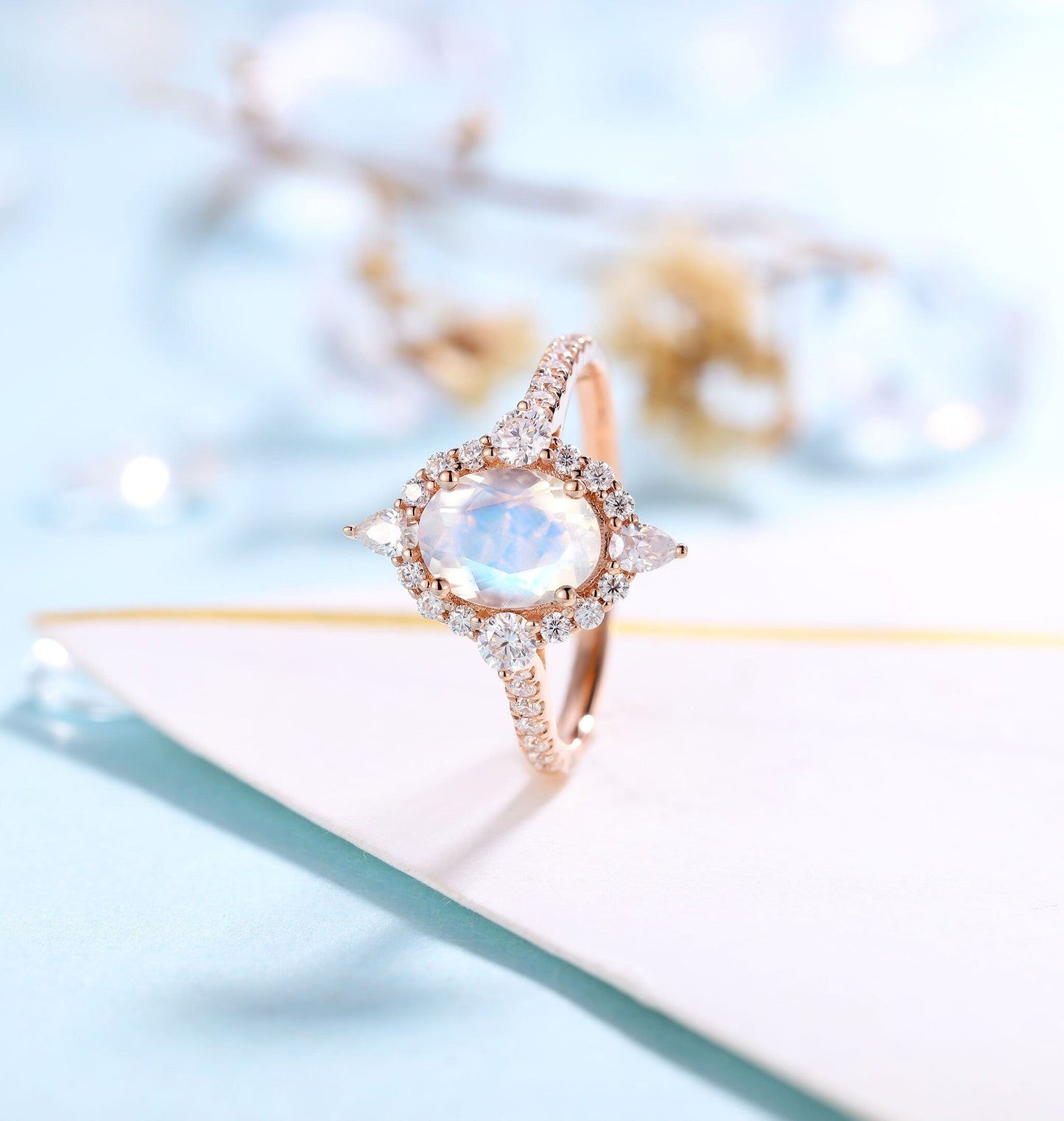 Moonstone engagement ring rose gold women | Vintage floral wedding ring |  Unique jewelry Bridal ring | Art deco Anniversary gift for her