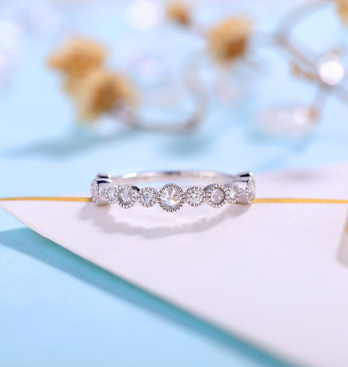 Diamond wedding band women | white gold band | unique rose cut bridal ring | matching wedding ring | promise ring anniversary gift for her