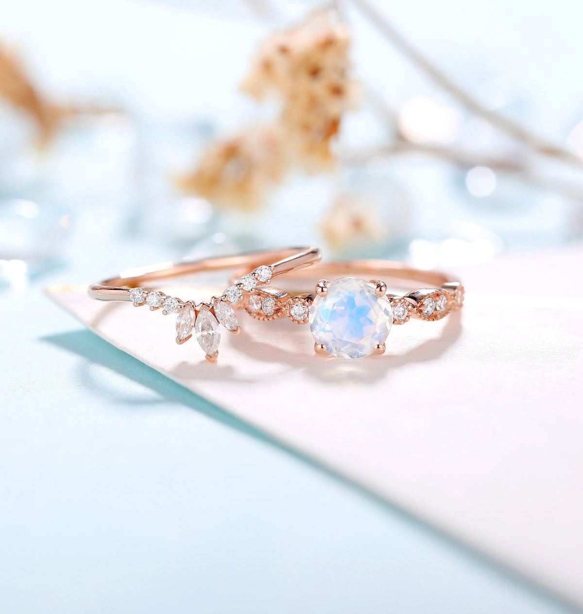 Moonstone Engagement Ring Women | Rose Gold Band Women | Antique bridal set | Moissanite wedding set Diamond | Anniversary gift for her