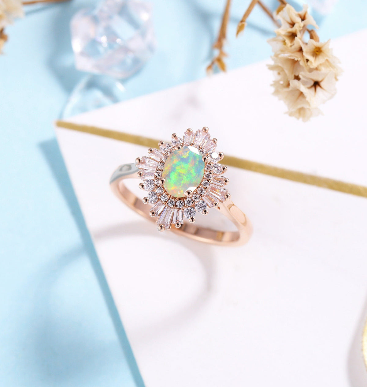 Faceted Oval cut Opal Engagement Ring Rose gold Women | Antique CZ/Diamond Bridal Baguette Jewelry |Unique Promise Anniversary Gifts for Her