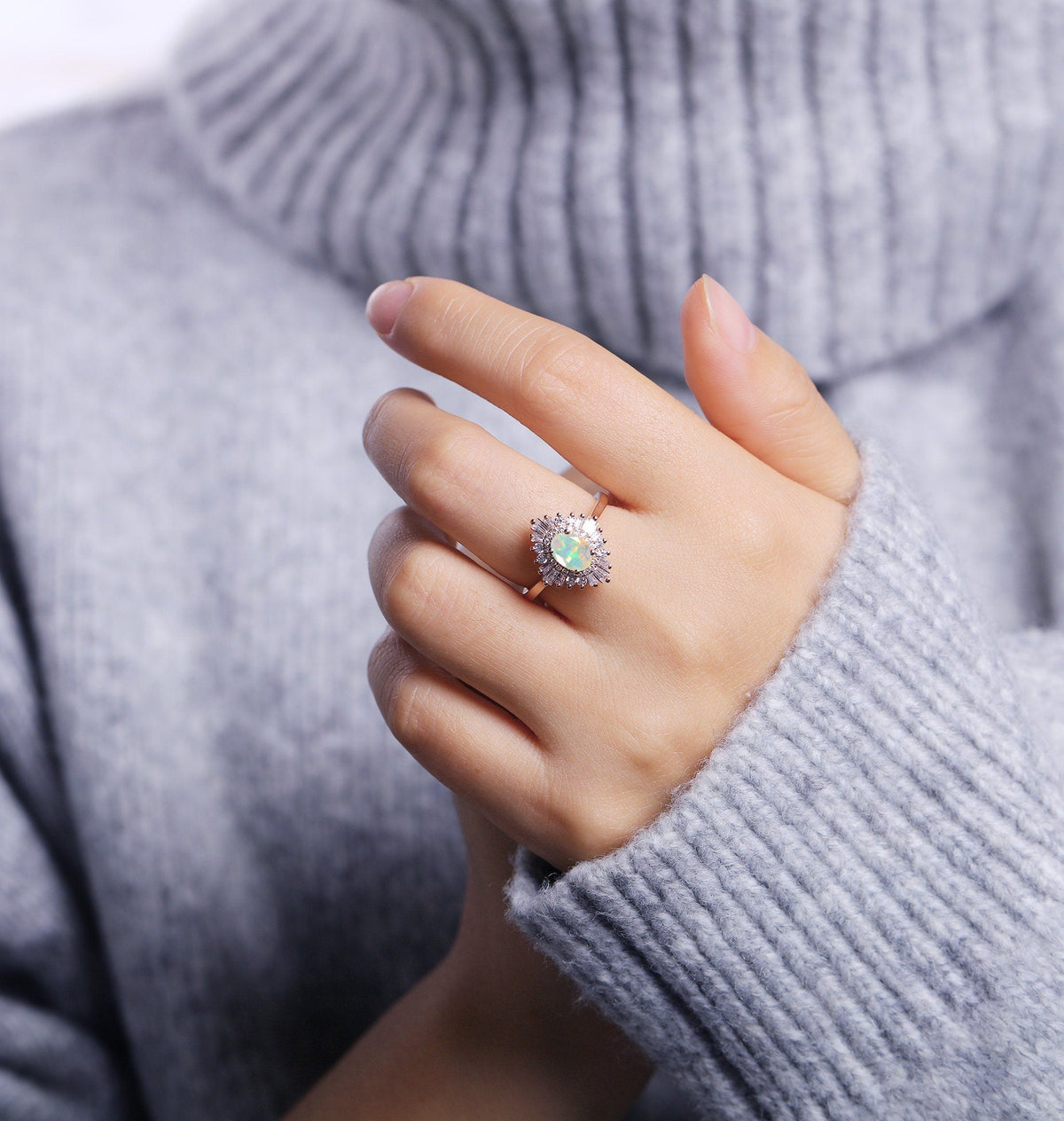 Faceted Oval cut Opal Engagement Ring Rose gold Women | Antique CZ/Diamond Bridal Baguette Jewelry |Unique Promise Anniversary Gifts for Her