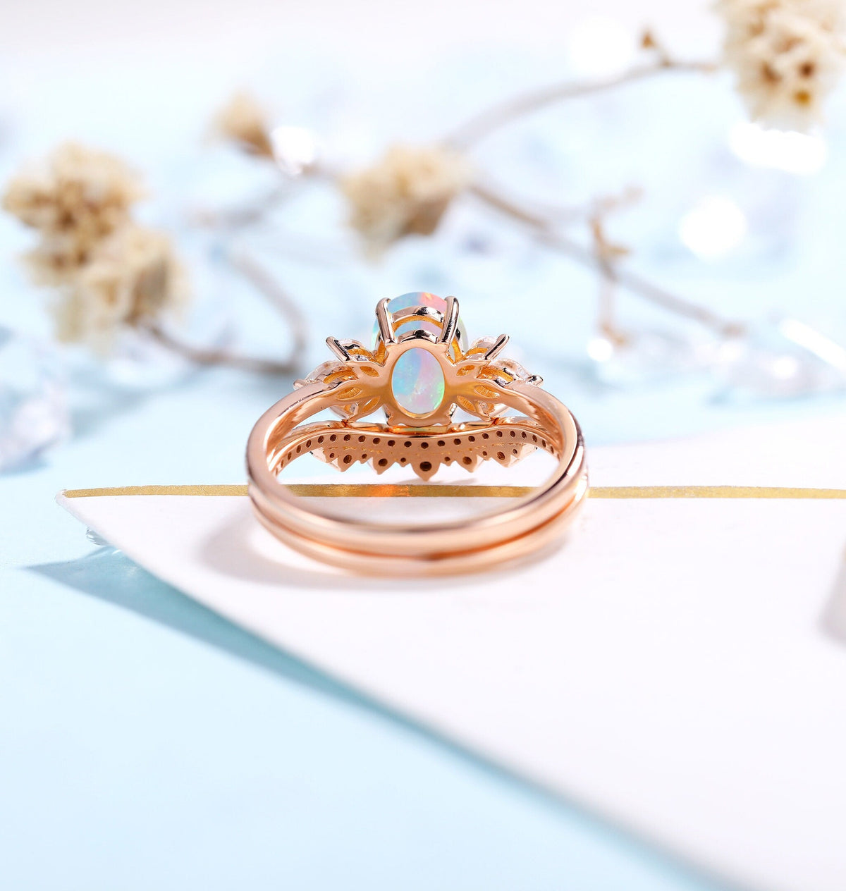 Faceted Opal Engagement Ring Rose Gold Women | Half Eternity Oval Bridal Set | Unique Black Diamond Wedding Set | Anniversary Gift for her