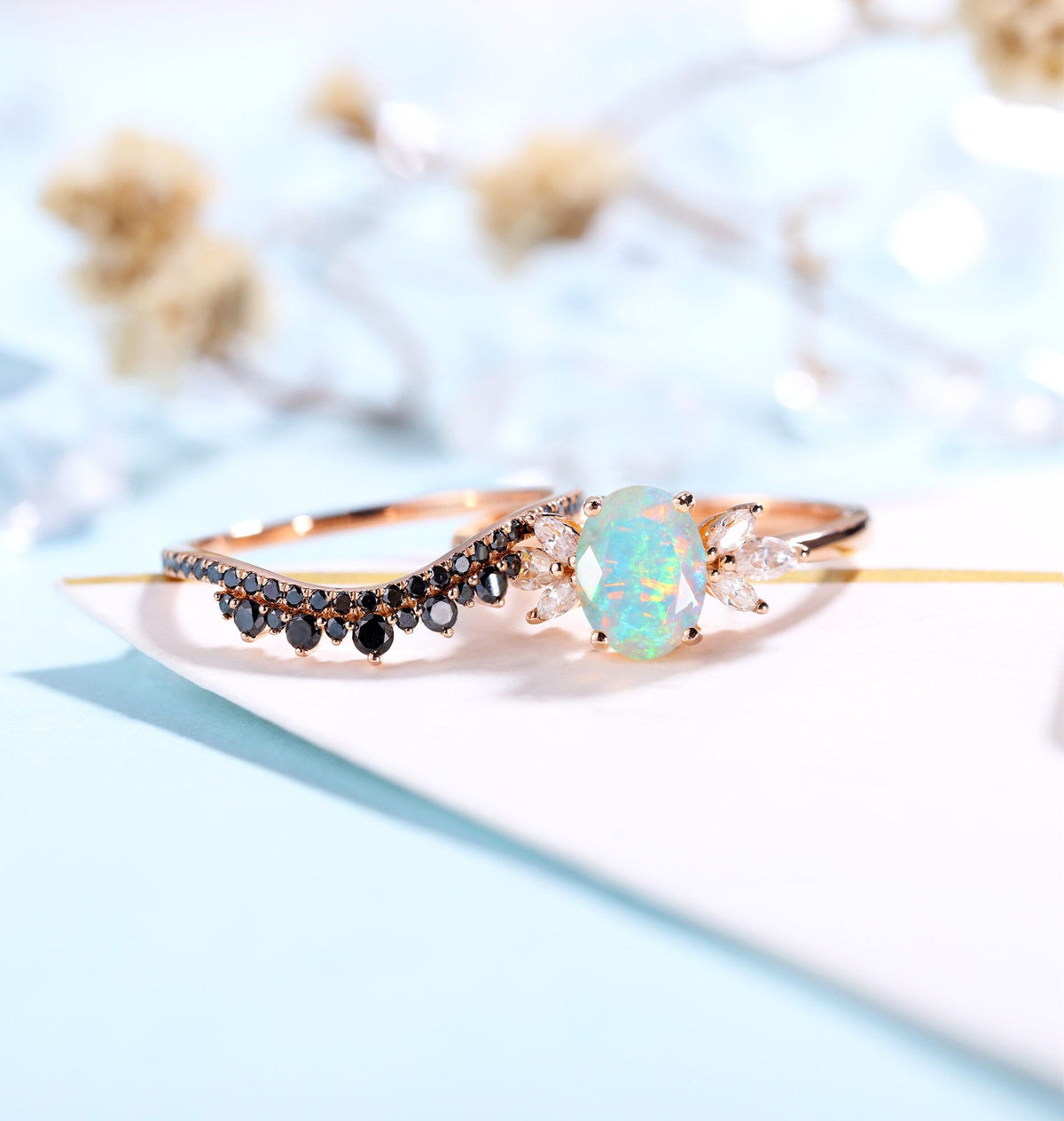 Faceted Opal Engagement Ring Rose Gold Women | Half Eternity Oval Bridal Set | Unique Black Diamond Wedding Set | Anniversary Gift for her