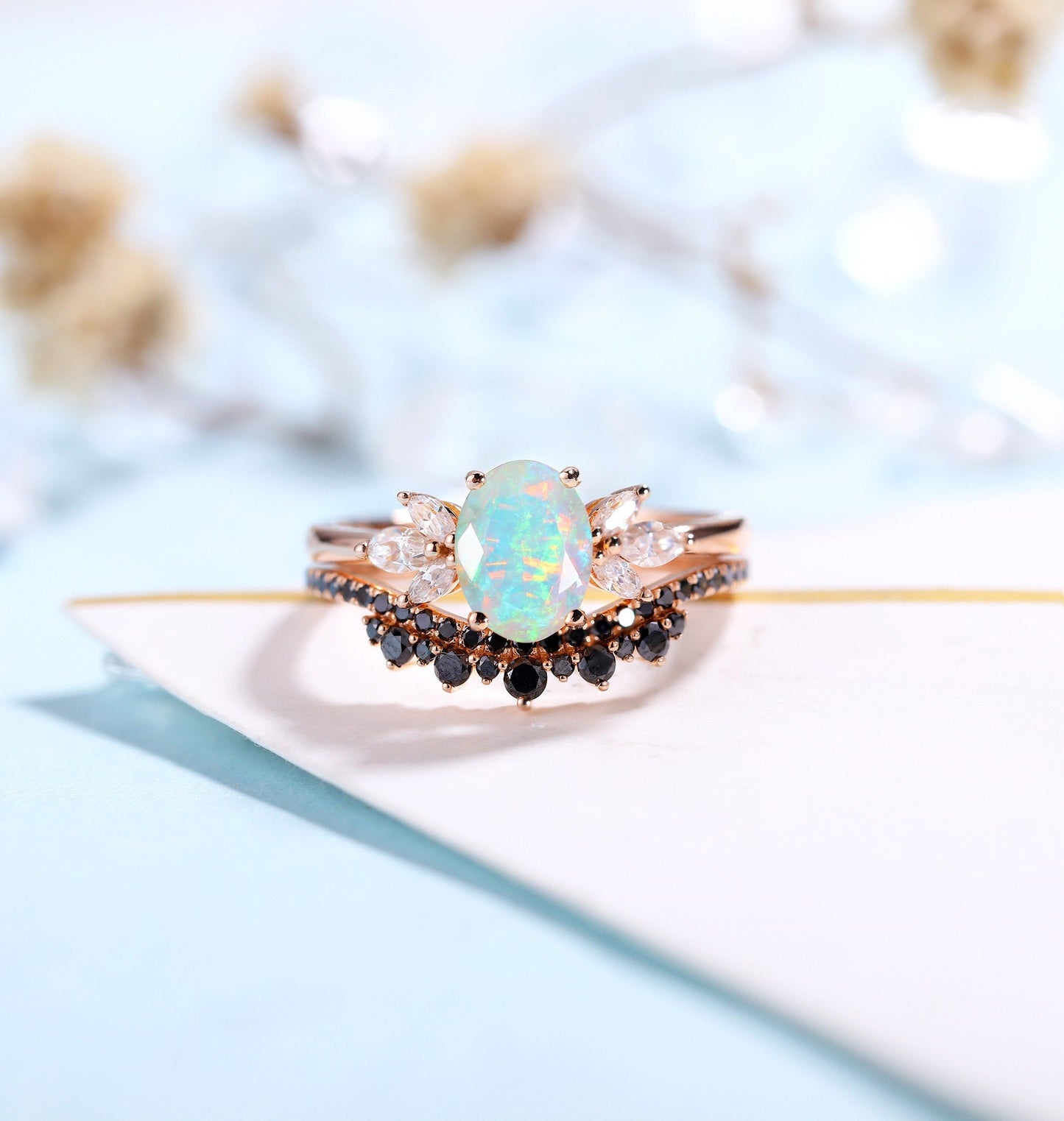 Faceted Opal Engagement Ring Rose Gold Women | Half Eternity Oval Bridal Set | Unique Black Diamond Wedding Set | Anniversary Gift for her