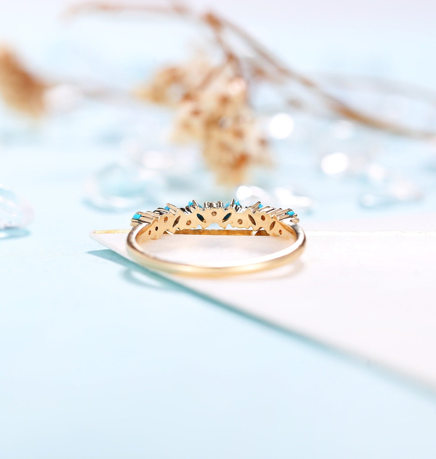Antique Turquoise with Black Wedding Band Rose Gold Women |Vintage Leaf shape Moissanite Stacking Matching Jewelry| Anniversary Gift for her