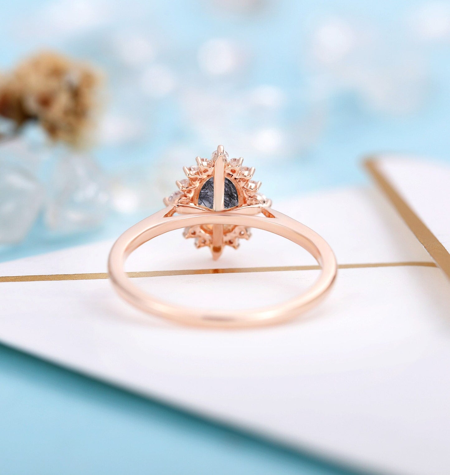 Black Rutilated Quartz engagement ring women | Rose gold ring Diamond Moissanite | Oval cut engagement ring | Bridal jewelry | Anniversary