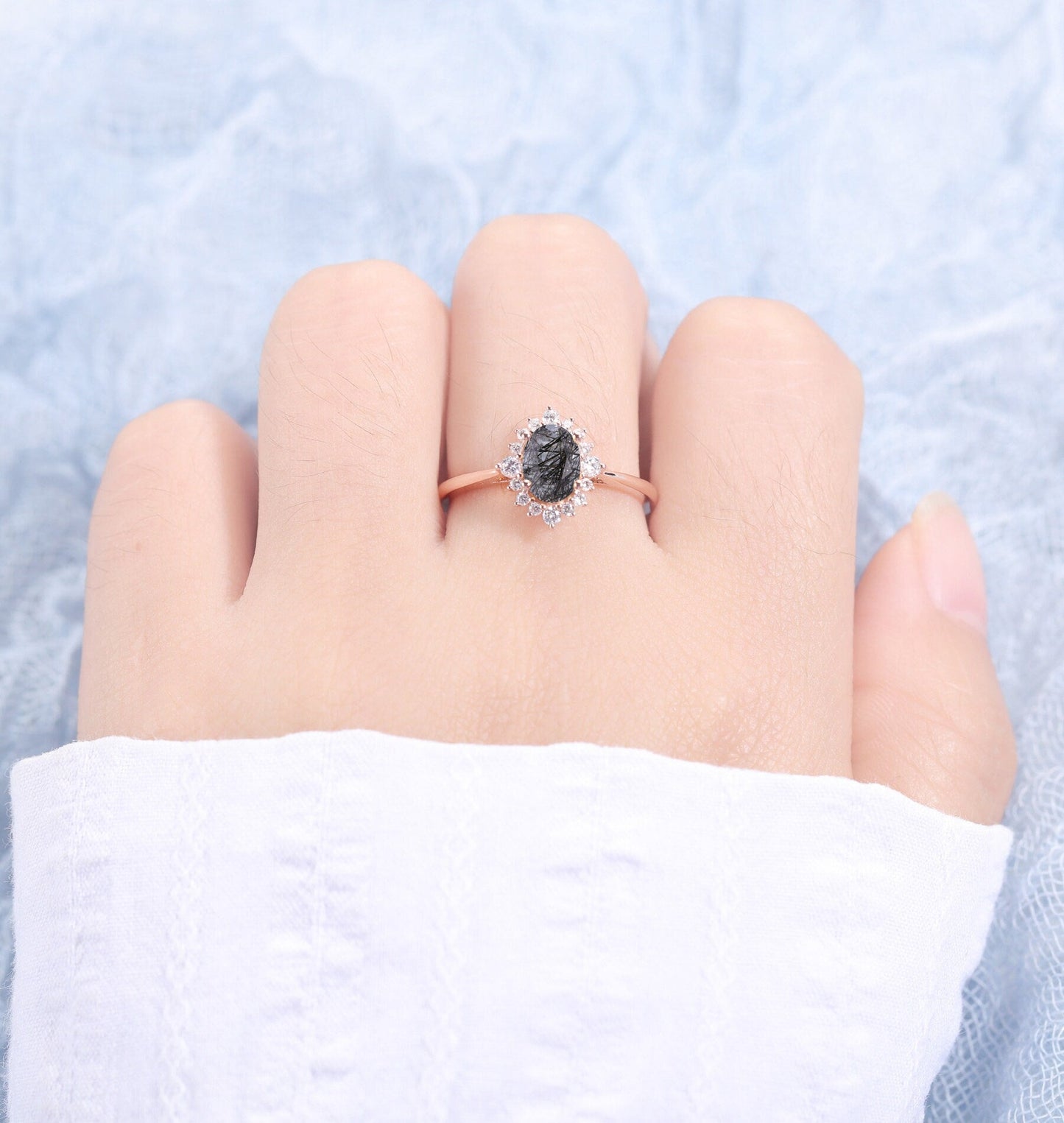 Black Rutilated Quartz engagement ring women | Rose gold ring Diamond Moissanite | Oval cut engagement ring | Bridal jewelry | Anniversary