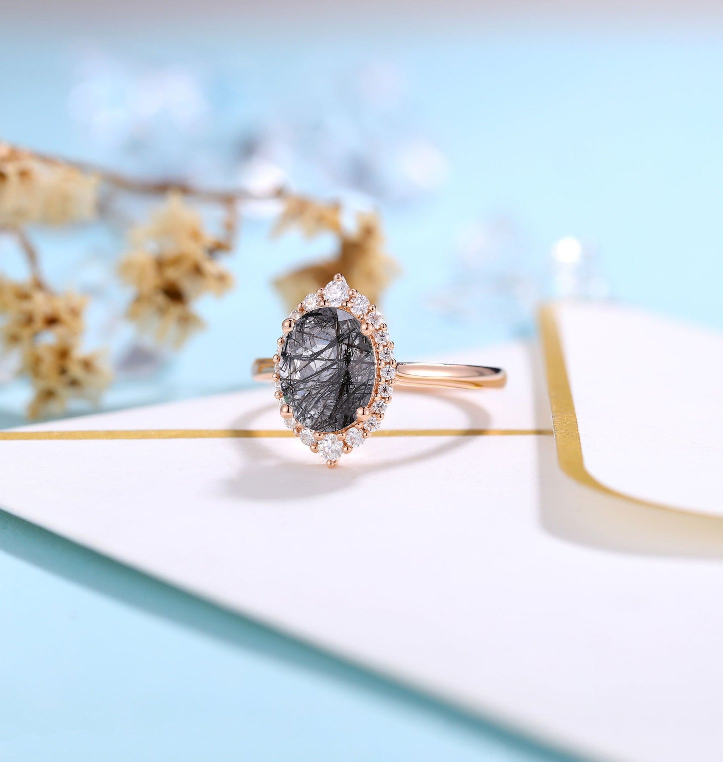 Black Rutilated Quartz engagement ring women | Rose gold ring Diamond Moissanite | Oval cut engagement  | Bridal jewelry | Anniversary gifts