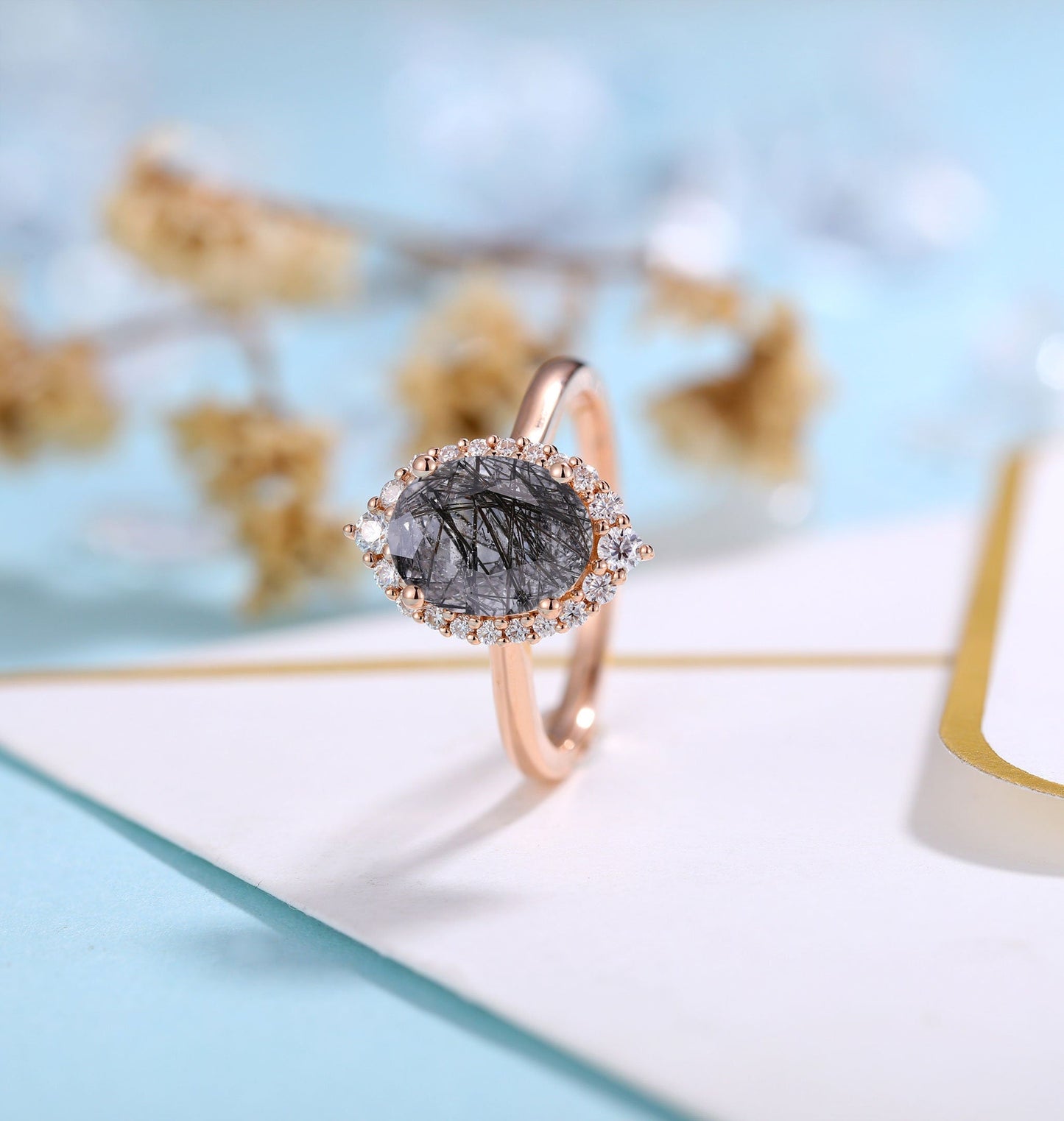 Black Rutilated Quartz engagement ring women | Rose gold ring Diamond Moissanite | Oval cut engagement  | Bridal jewelry | Anniversary gifts