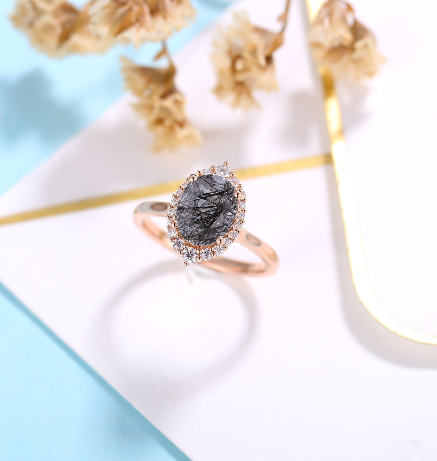 Black Rutilated Quartz engagement ring women | Rose gold ring Diamond Moissanite | Oval cut engagement  | Bridal jewelry | Anniversary gifts