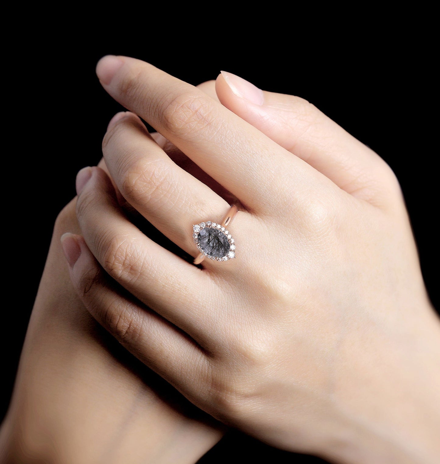 Black Rutilated Quartz engagement ring women | Rose gold ring Diamond Moissanite | Oval cut engagement  | Bridal jewelry | Anniversary gifts