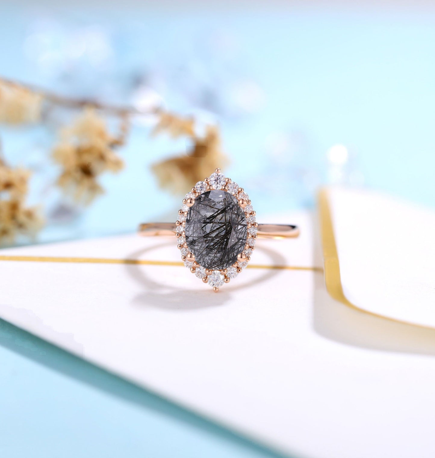 Black Rutilated Quartz engagement ring women | Rose gold ring Diamond Moissanite | Oval cut engagement  | Bridal jewelry | Anniversary gifts