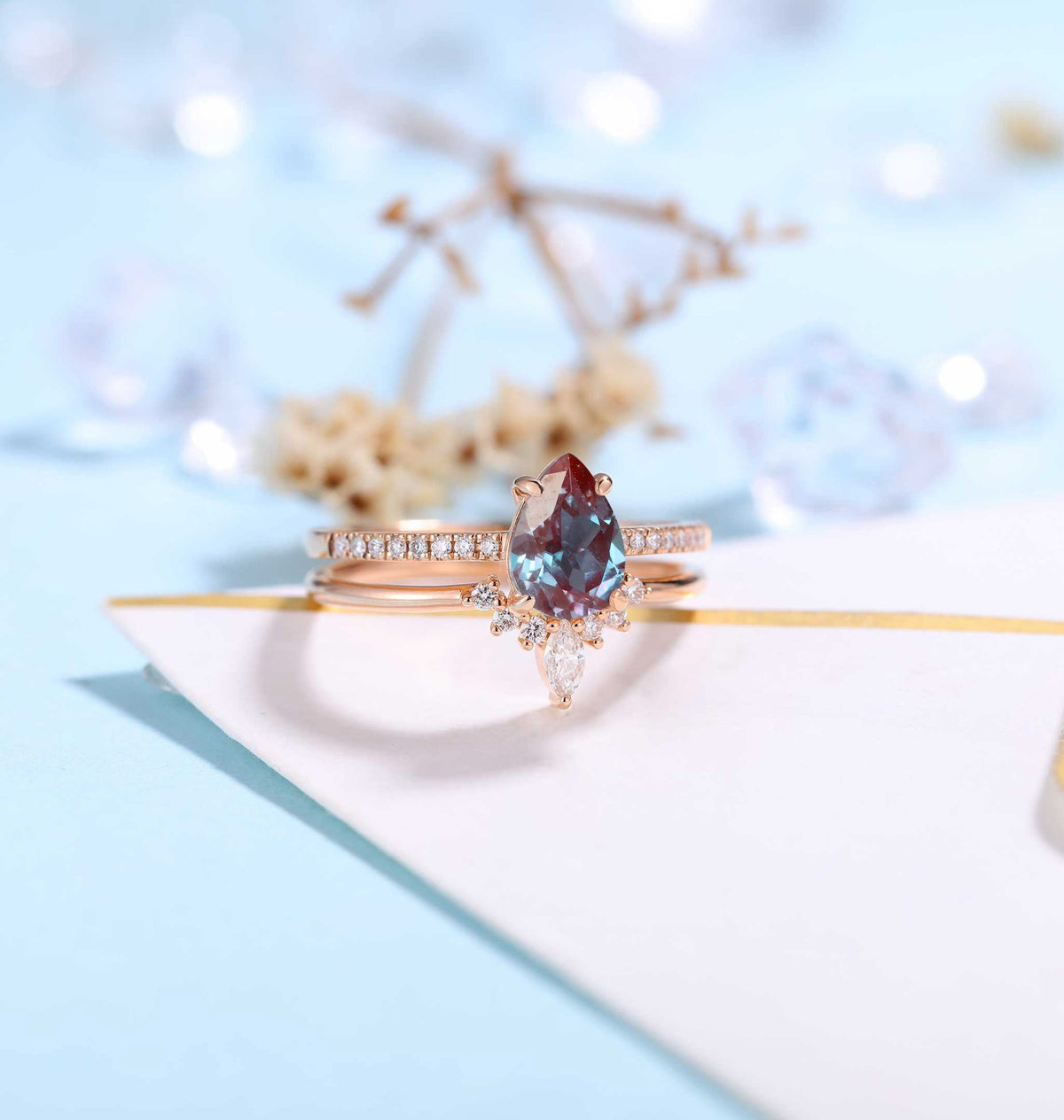 Pear shaped Alexandrite Engagement Ring Rose Gold Women |Antique Half Eternity Bridal Set|Unique Marquise Wedding Set|Anniversary for her