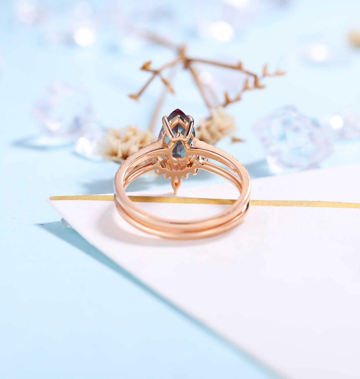 Pear shaped Alexandrite Engagement Ring Rose Gold Women |Antique Half Eternity Bridal Set|Unique Marquise Wedding Set|Anniversary for her