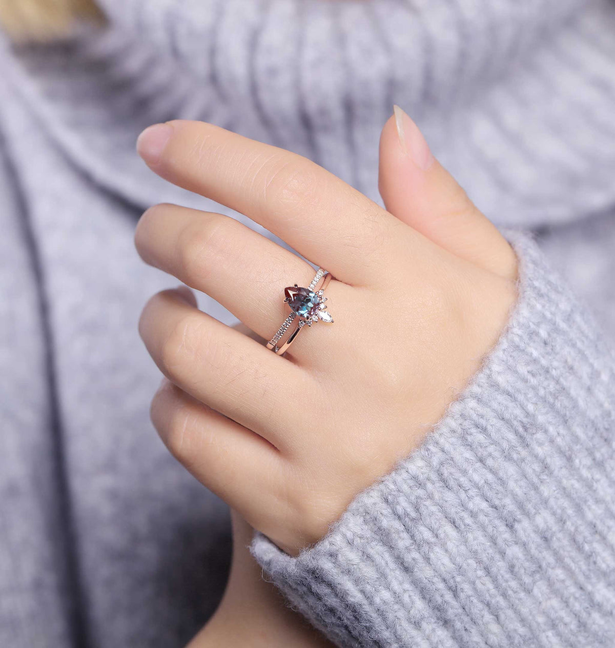 Pear shaped Alexandrite Engagement Ring Rose Gold Women |Antique Half Eternity Bridal Set|Unique Marquise Wedding Set|Anniversary for her