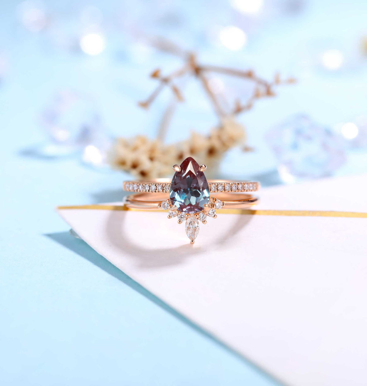 Pear shaped Alexandrite Engagement Ring Rose Gold Women |Antique Half Eternity Bridal Set|Unique Marquise Wedding Set|Anniversary for her