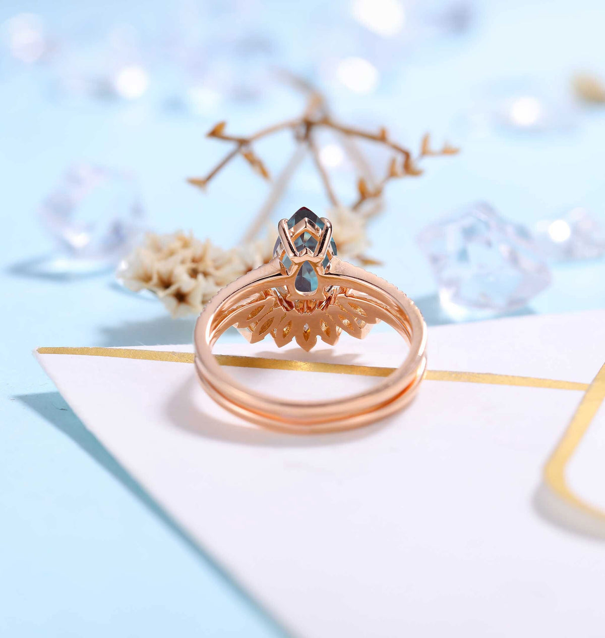 Pear shaped Alexandrite Engagement Ring Rose Gold Women | Half Eternity Bridal Set | Unique Marquise Wedding Set | Anniversary Gift for her