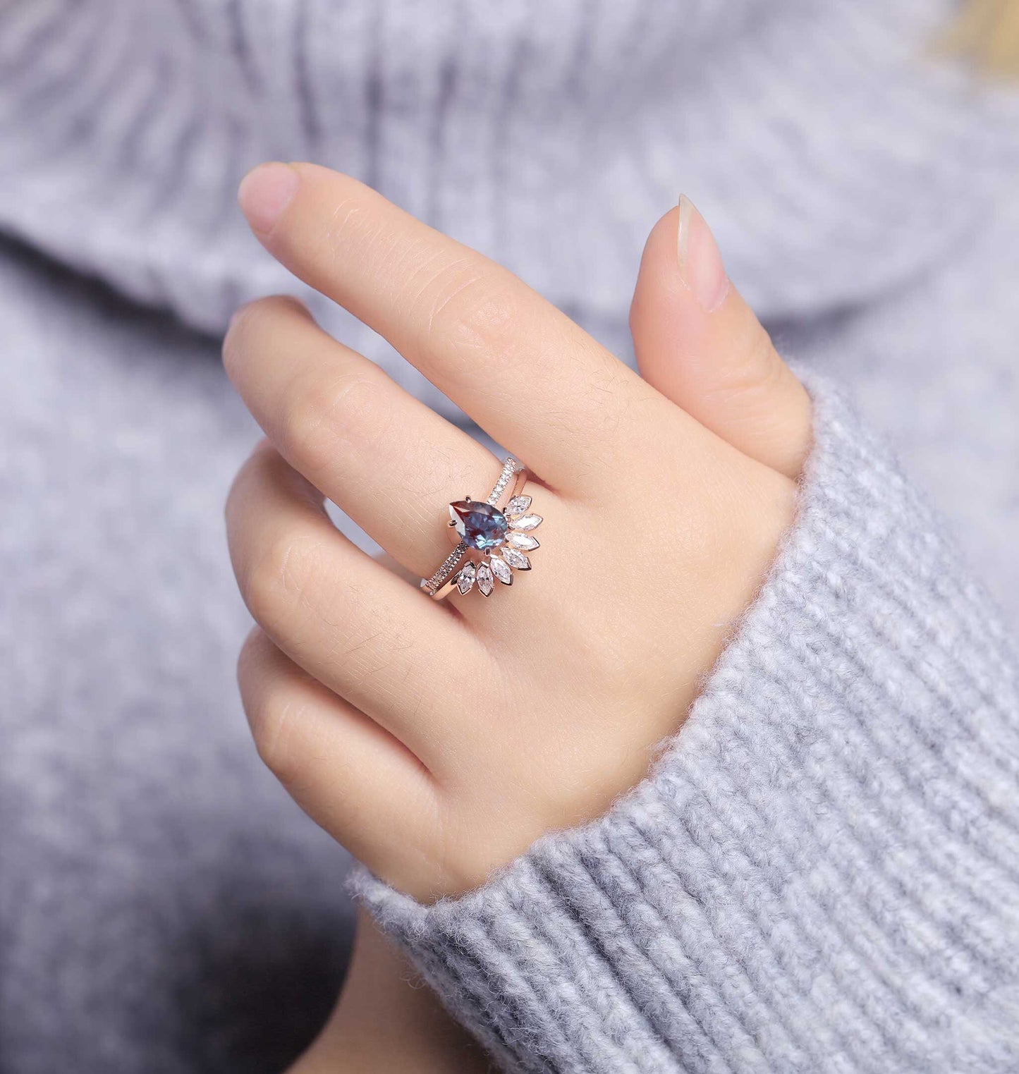 Pear shaped Alexandrite Engagement Ring Rose Gold Women | Half Eternity Bridal Set | Unique Marquise Wedding Set | Anniversary Gift for her