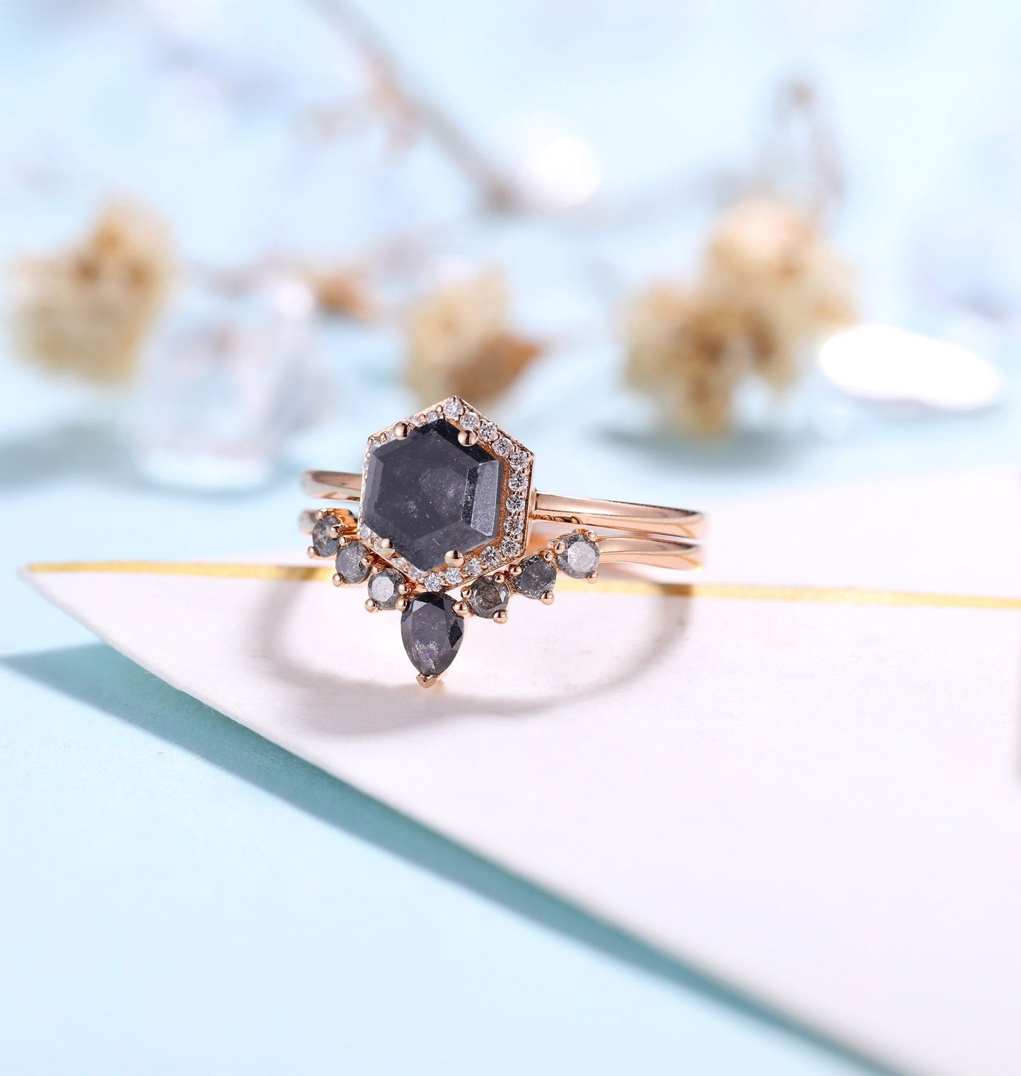 Salt and Pepper Diamond Engagement Ring set | Rose gold wedding Set | Curved diamond wedding band | Hexagon Bridal set | Anniversary promise