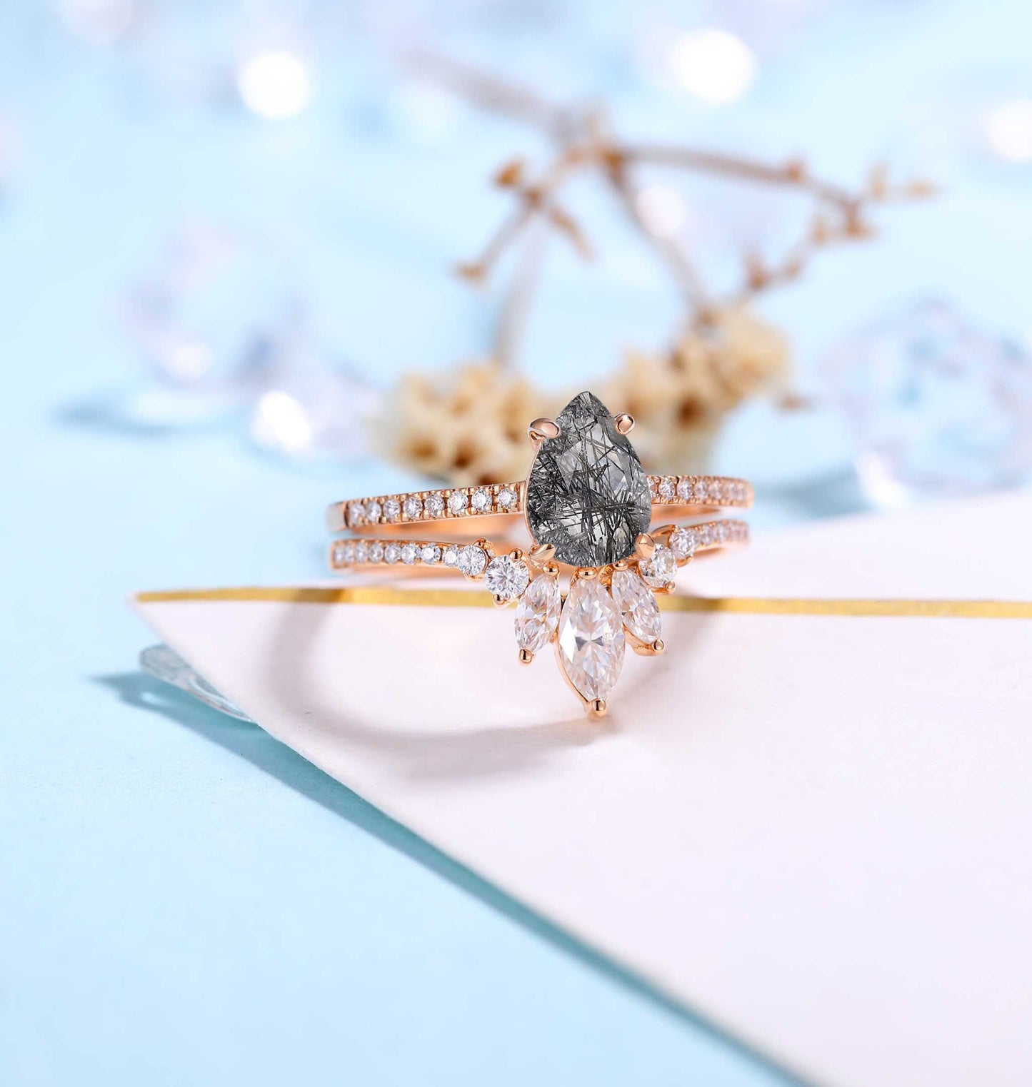 Black Rutilated Quartz Engagement Ring Rose Gold Women | Marquise Moissanite Half Eternity Bridal Set | Unique Wedding Set | Anniversary