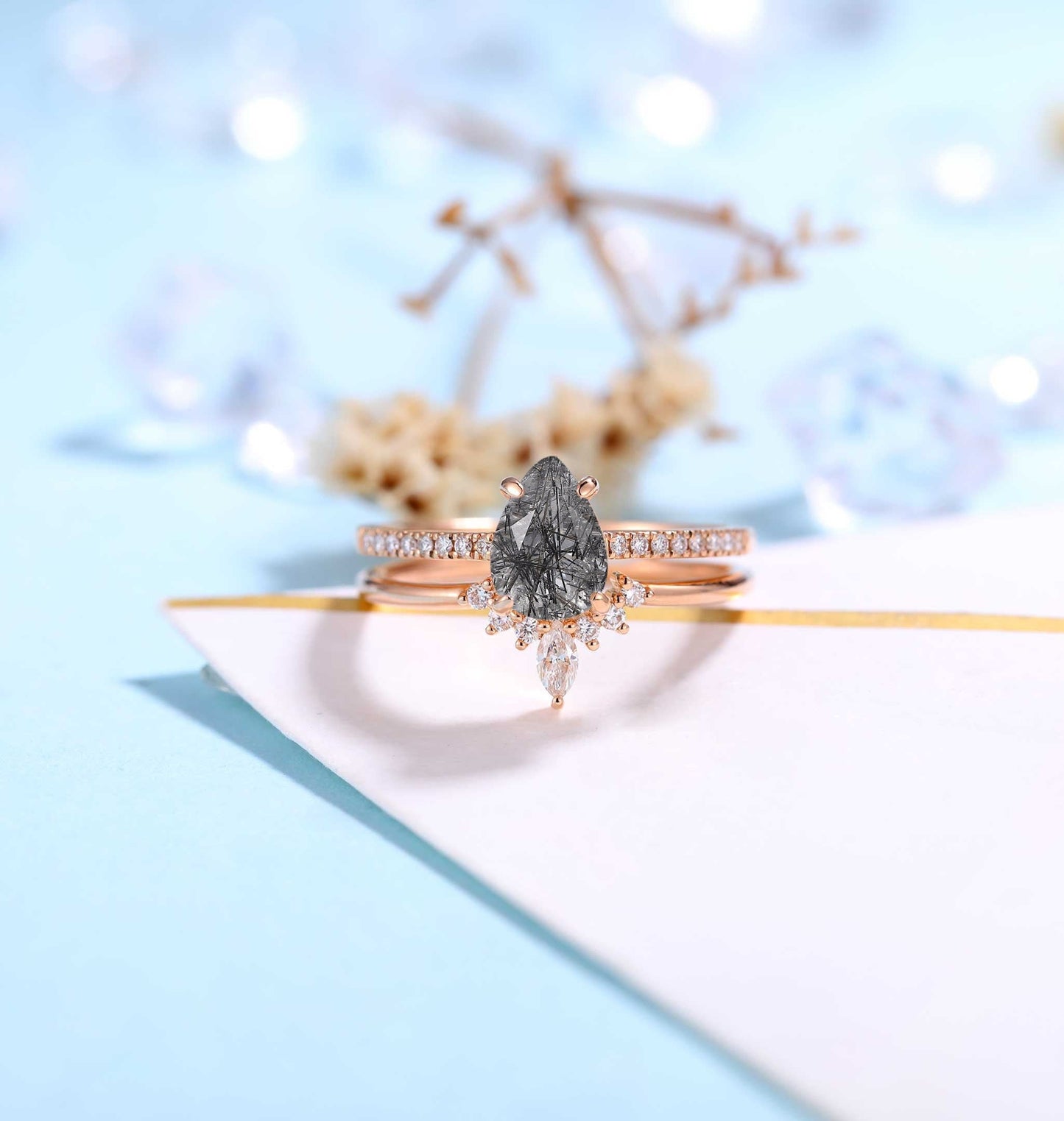 Black Rutilated Quartz Engagement Ring Set | Rose Gold Diamond ring | Antique Half Eternity Bridal Set | Pear cut wedding ring | Anniversary