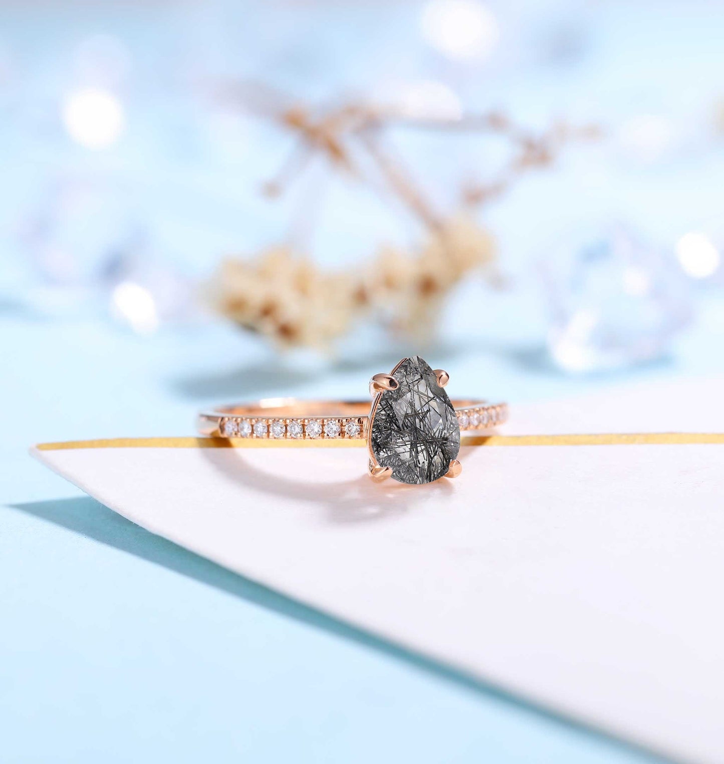 Black Rutilated Quartz Engagement Ring Women | Rose Gold Band Women |Pear shaped bridal ring |Moissanite wedding jewelry|Vintage Anniversary