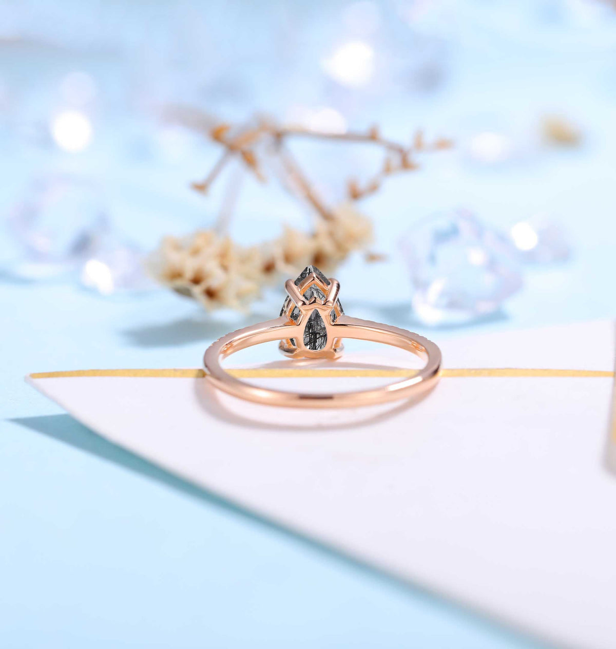 Black Rutilated Quartz Engagement Ring Women | Rose Gold Band Women |Pear shaped bridal ring |Moissanite wedding jewelry|Vintage Anniversary