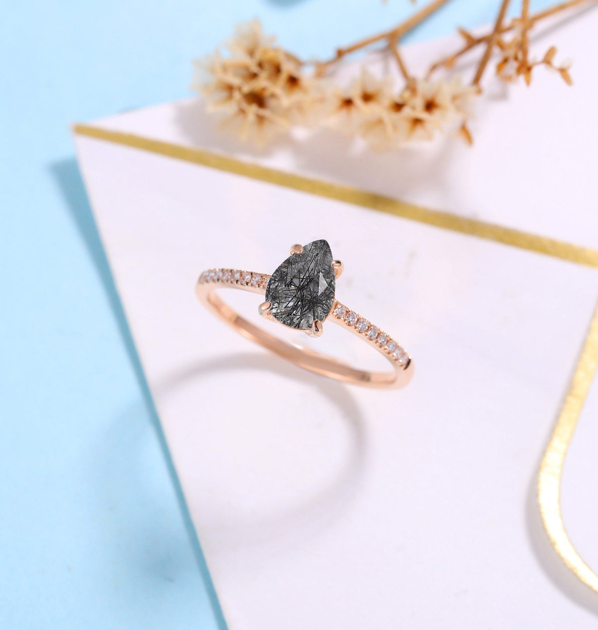 Black Rutilated Quartz Engagement Ring Women | Rose Gold Band Women |Pear shaped bridal ring |Moissanite wedding jewelry|Vintage Anniversary