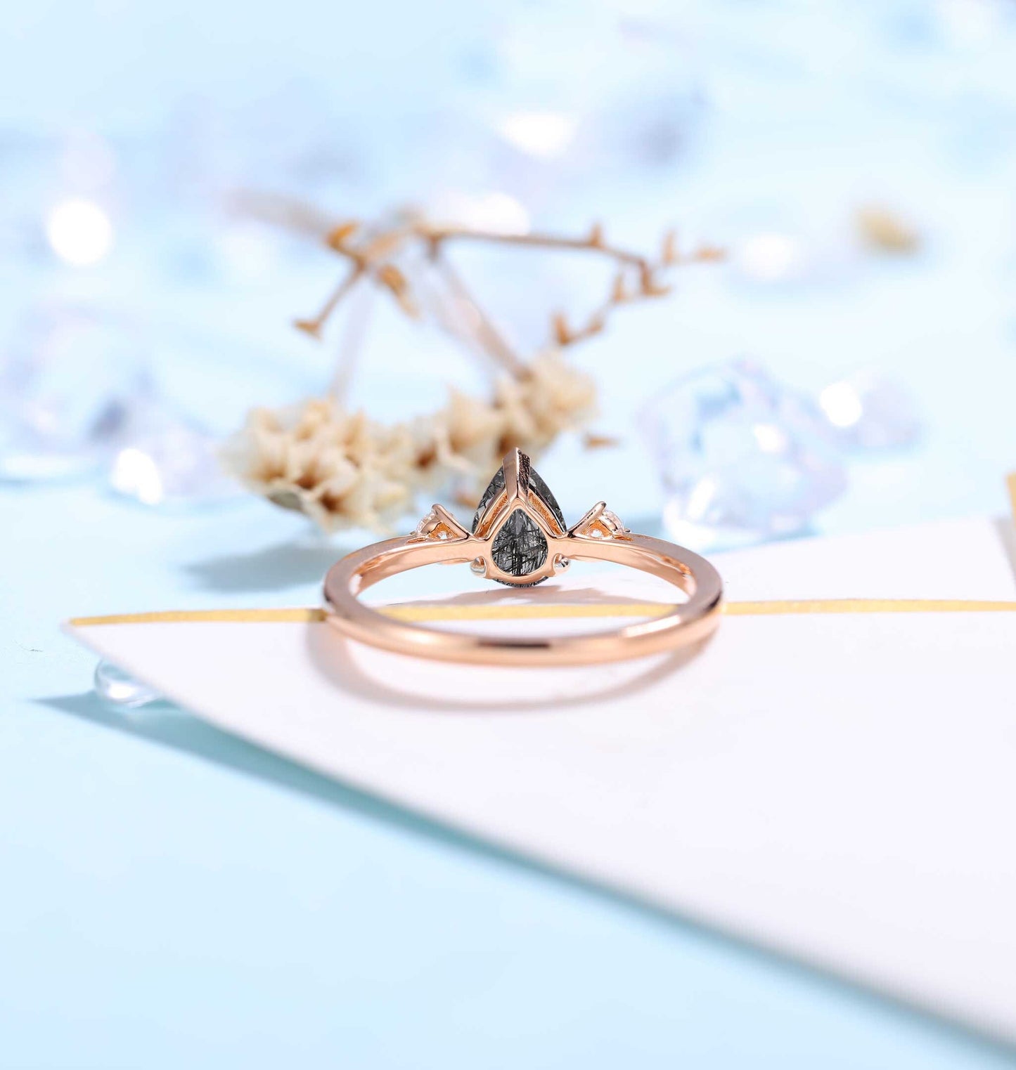 Black Rutilated Quartz Engagement Ring Women Rose Gold | Pear shaped Bridal Jewelry | Vintage Diamond Bridal ring | Unique Anniversary