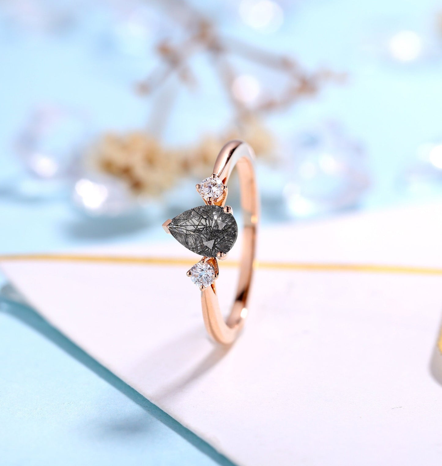 Black Rutilated Quartz Engagement Ring Women Rose Gold | Pear shaped Bridal Jewelry | Vintage Diamond Bridal ring | Unique Anniversary