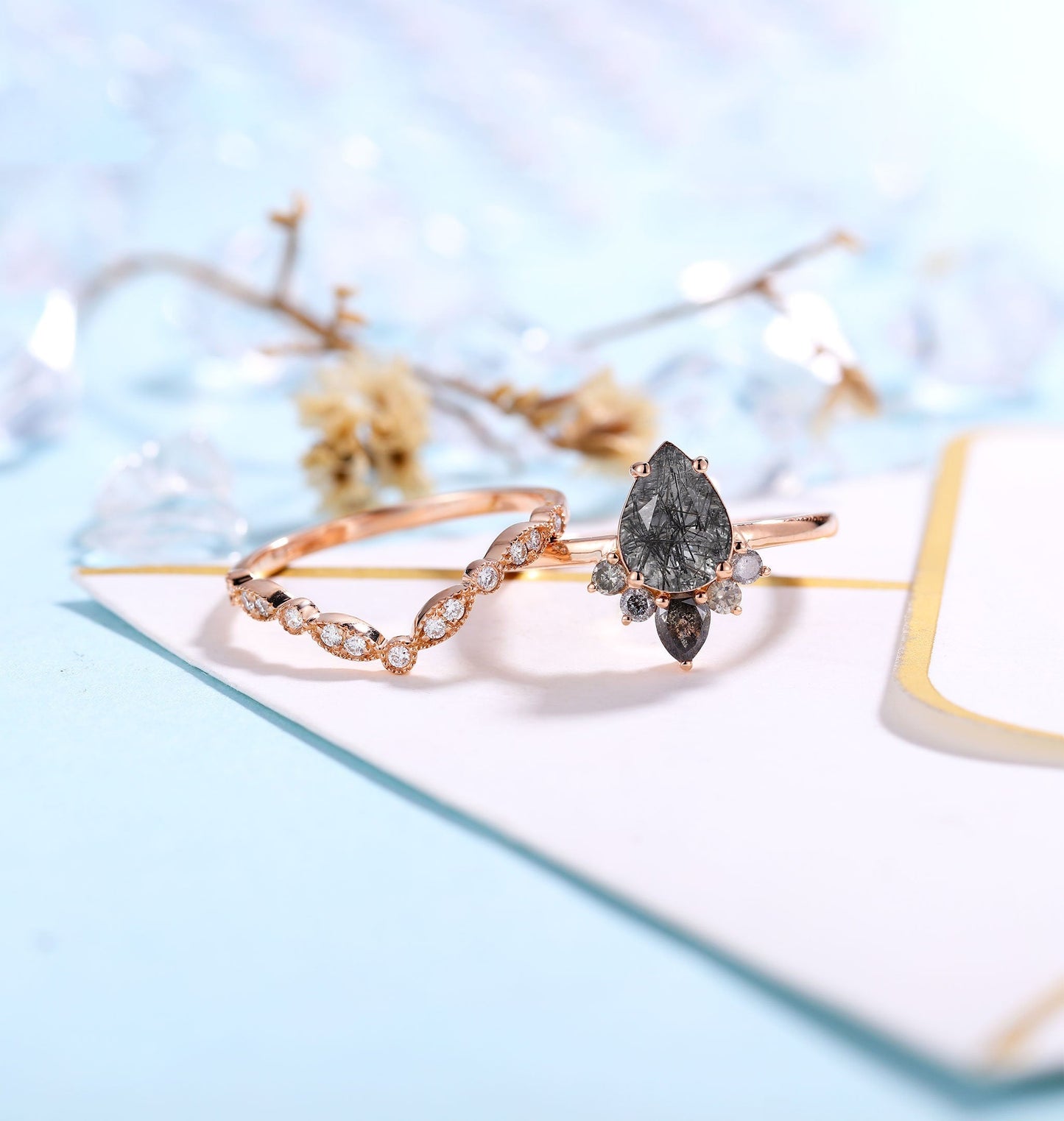 Black Rutilated Quartz  Engagement Ring set Women Rose Gold | Pear shaped Bridal Set | Salt and Pepper Diamond Wedding Set |Anniversary ring