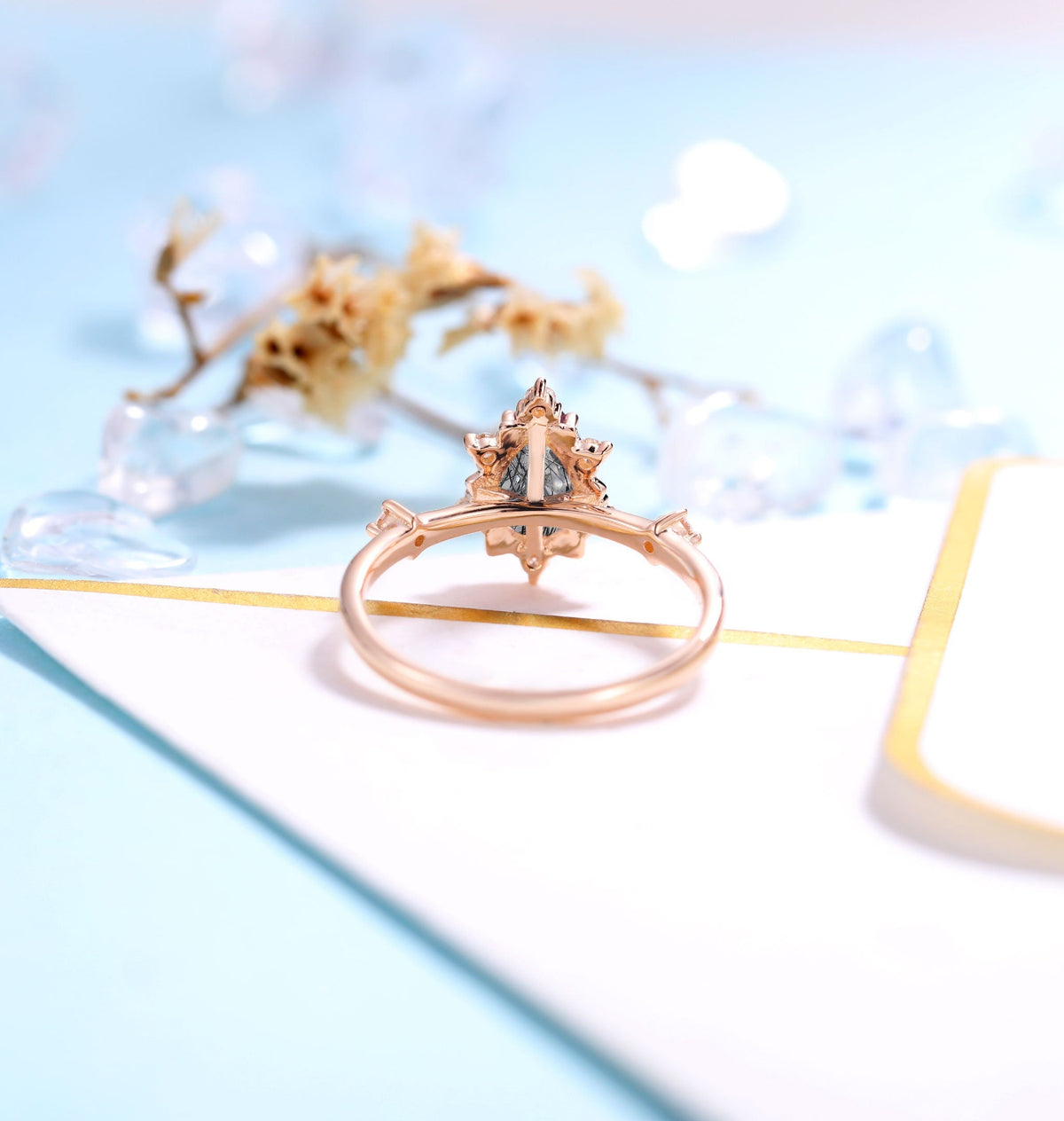 Black Rutilated Quartz  Engagement Ring Women Rose Gold | Antique Pear shaped Bridal Jewelry | Art deco Wedding Ring Diamond | Anniversary