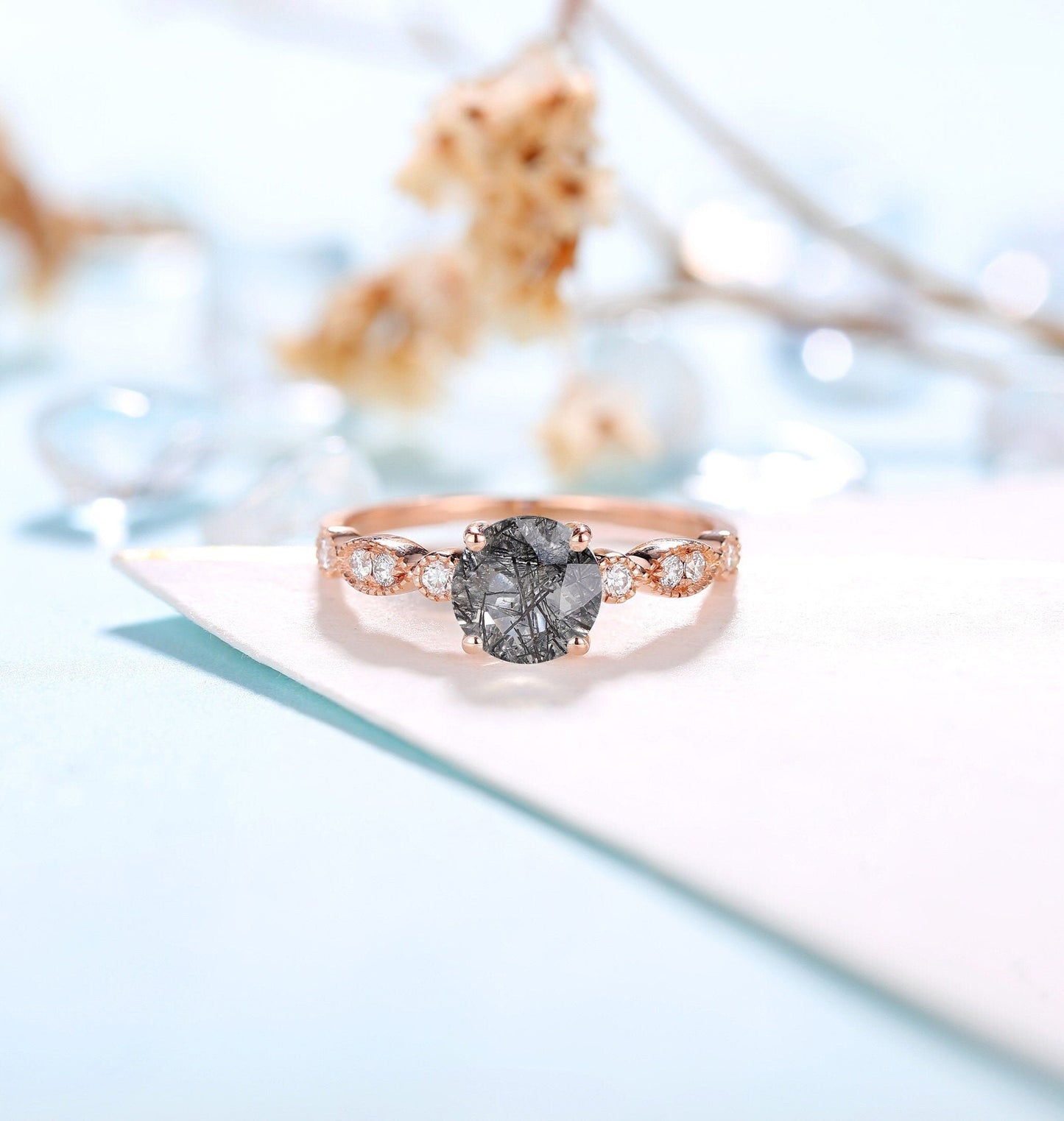 Black Rutilated Quartz Engagement Ring Women | Rose Gold Band Women | Antique bridal ring | Moissanite wedding jewelry Diamond | Anniversary