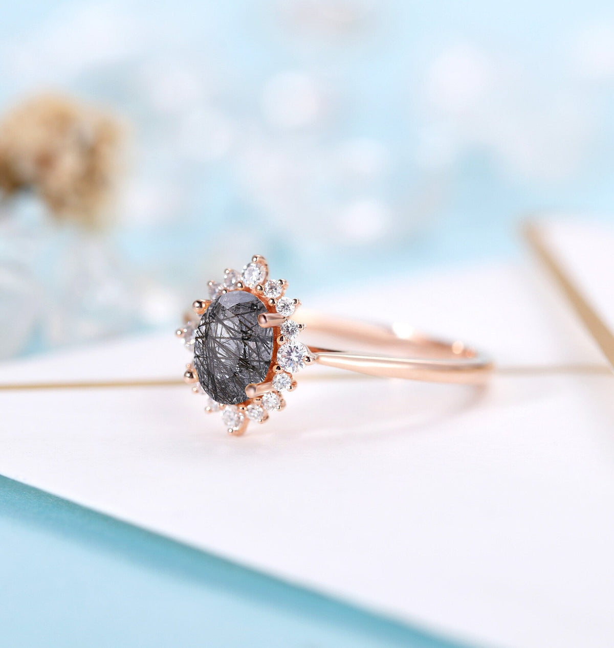 Black Rutilated Quartz engagement ring women | Rose gold ring Diamond Moissanite | Oval cut engagement ring | Bridal jewelry | Anniversary