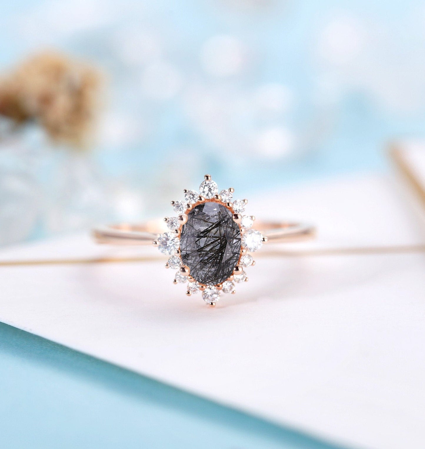 Black Rutilated Quartz engagement ring women | Rose gold ring Diamond Moissanite | Oval cut engagement ring | Bridal jewelry | Anniversary