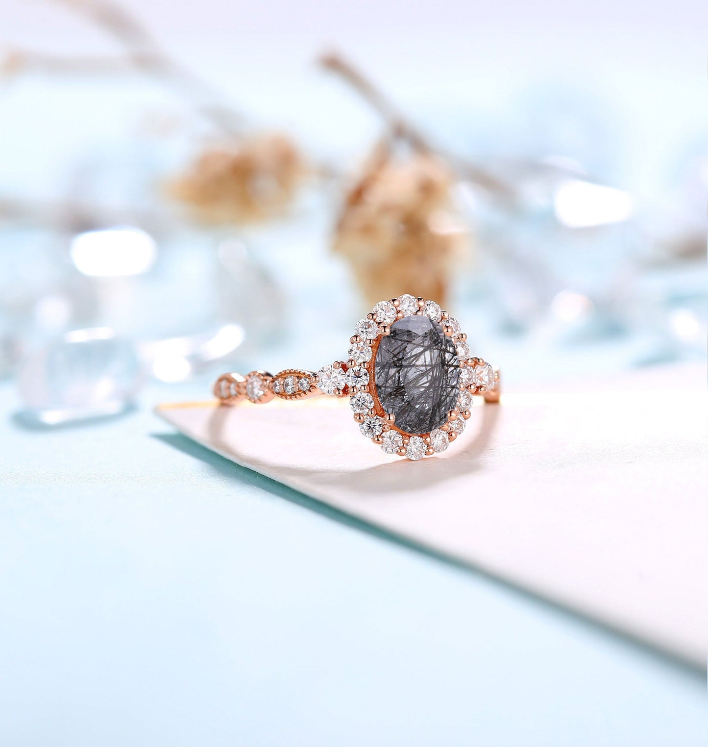 Black Rutilated Quartz engagement ring women | Rose gold ring Diamond Moissanite | Oval cut engagement ring | Bridal jewelry | Anniversary