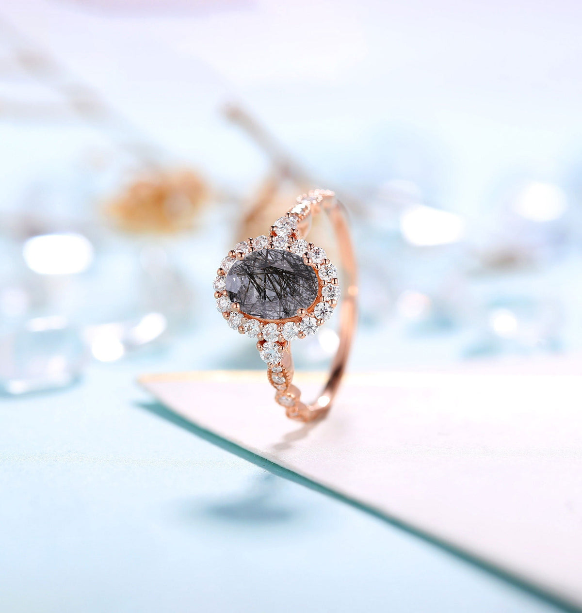 Black Rutilated Quartz engagement ring women | Rose gold ring Diamond Moissanite | Oval cut engagement ring | Bridal jewelry | Anniversary
