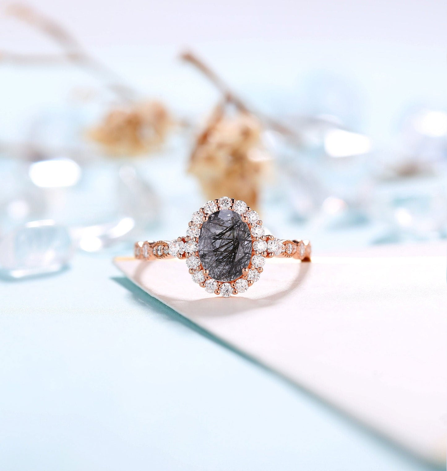 Black Rutilated Quartz engagement ring women | Rose gold ring Diamond Moissanite | Oval cut engagement ring | Bridal jewelry | Anniversary