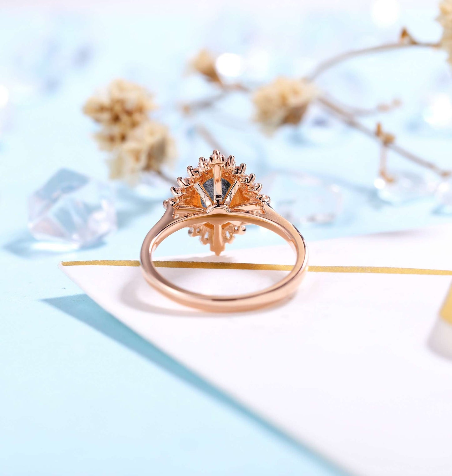 Faceted Oval cut Black Rutilated Quartz Engagement Ring Rose gold Women | Antique CZ/Diamond Bridal Marquise |Unique Promise Anniversary
