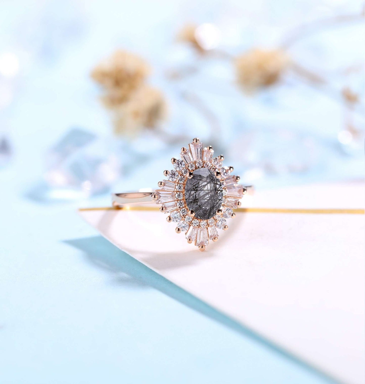 Faceted Oval cut Black Rutilated Quartz Engagement Ring Rose gold Women | Antique CZ/Diamond Bridal Marquise |Unique Promise Anniversary