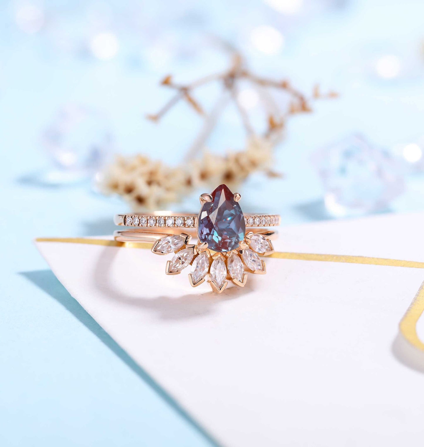 Pear shaped Alexandrite Engagement Ring Rose Gold Women | Half Eternity Bridal Set | Unique Marquise Wedding Set | Anniversary Gift for her