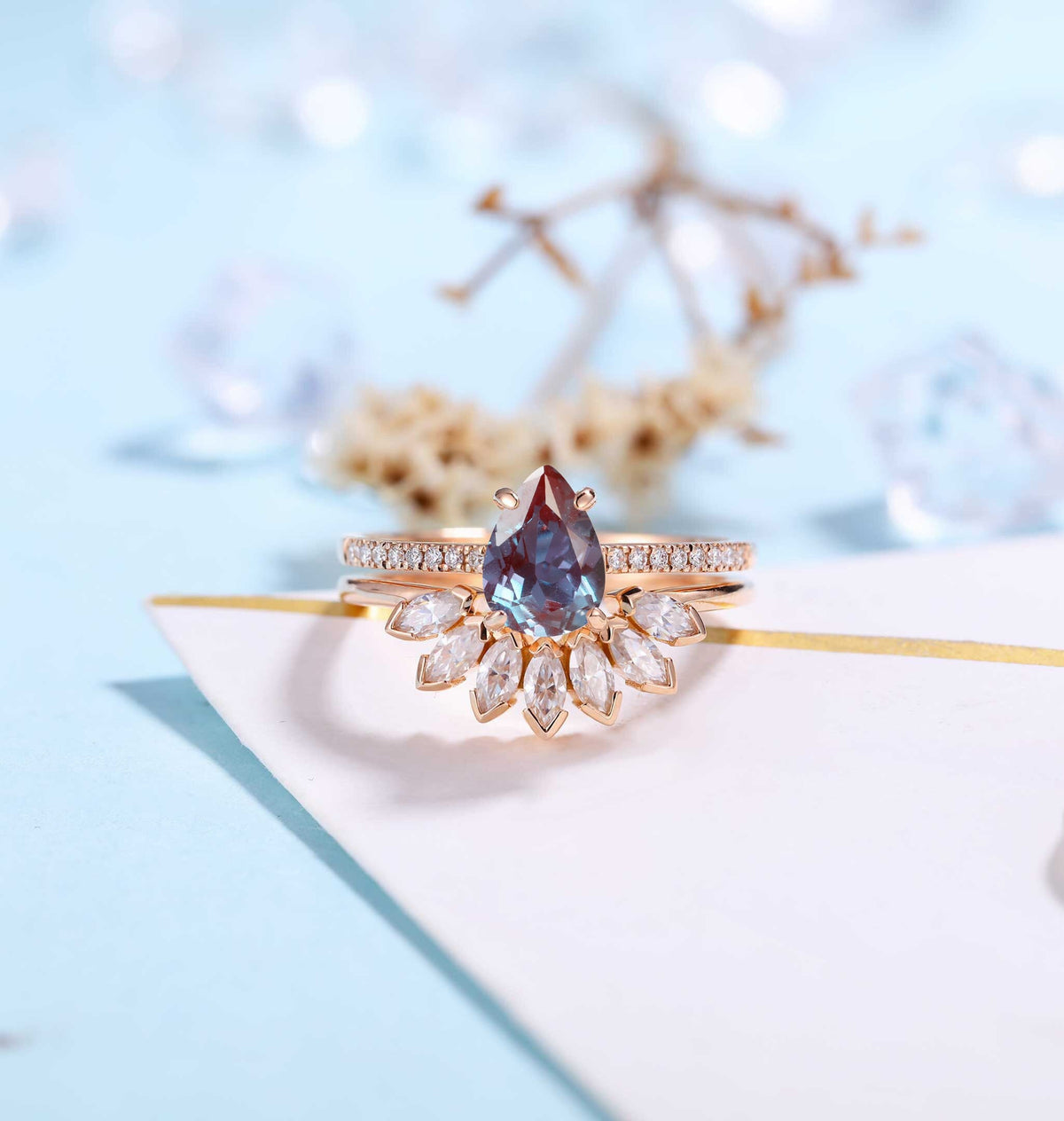 Pear shaped Alexandrite Engagement Ring Rose Gold Women | Half Eternity Bridal Set | Unique Marquise Wedding Set | Anniversary Gift for her