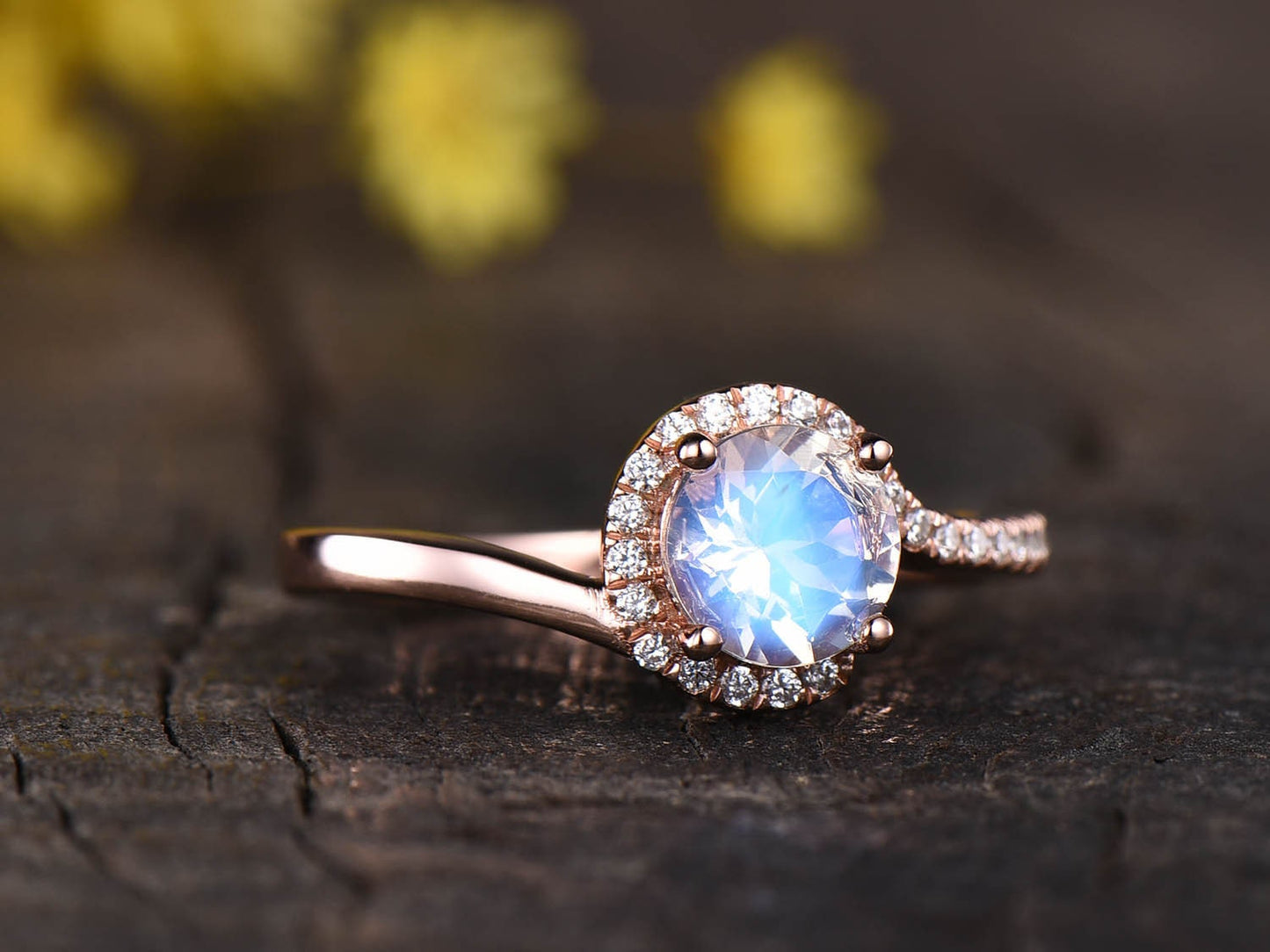 Rose Gold Moonstone Engagement Ring, Diamond Halo, Unique Promise Ring