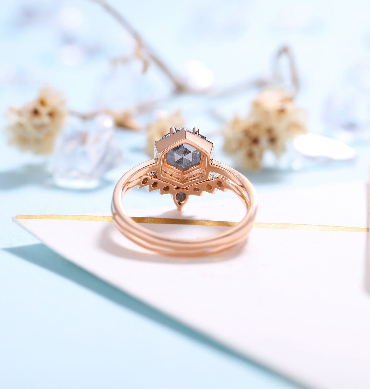 Salt and Pepper Diamond Engagement Ring set | Rose gold wedding Set | Curved diamond wedding band | Hexagon Bridal set | Anniversary promise