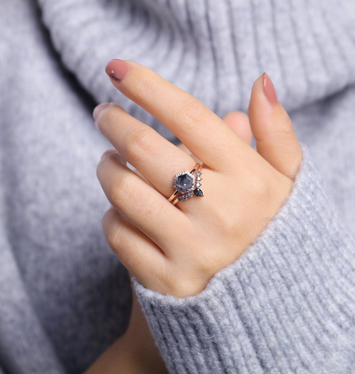 Salt and Pepper Diamond Engagement Ring set | Rose gold wedding Set | Curved diamond wedding band | Hexagon Bridal set | Anniversary promise